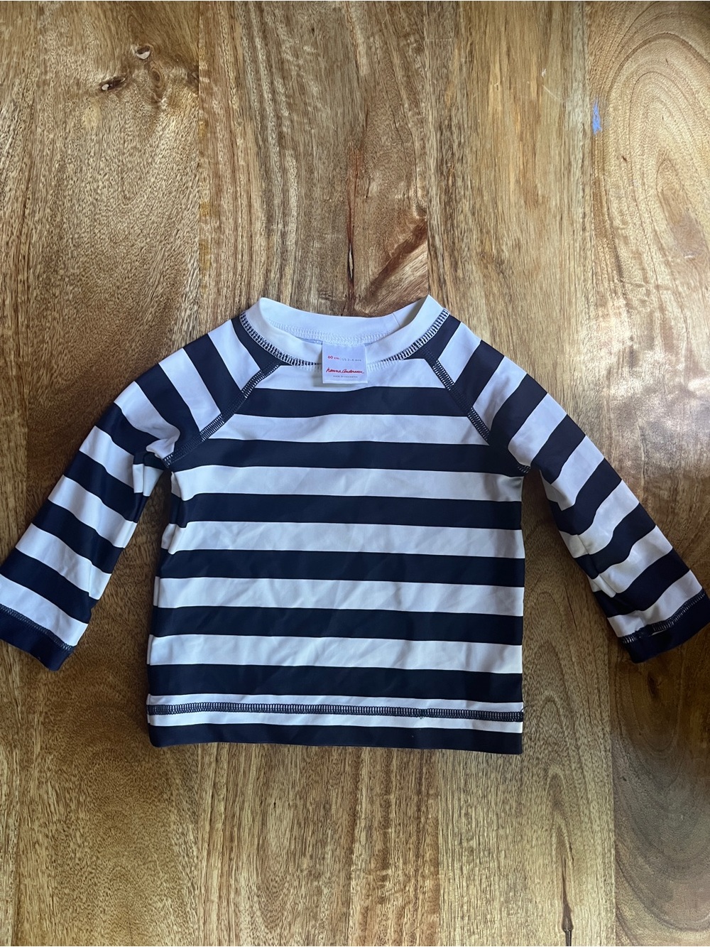 Hanna Andersson navy and white striped long-sleeve baby rash guard 3-6 months